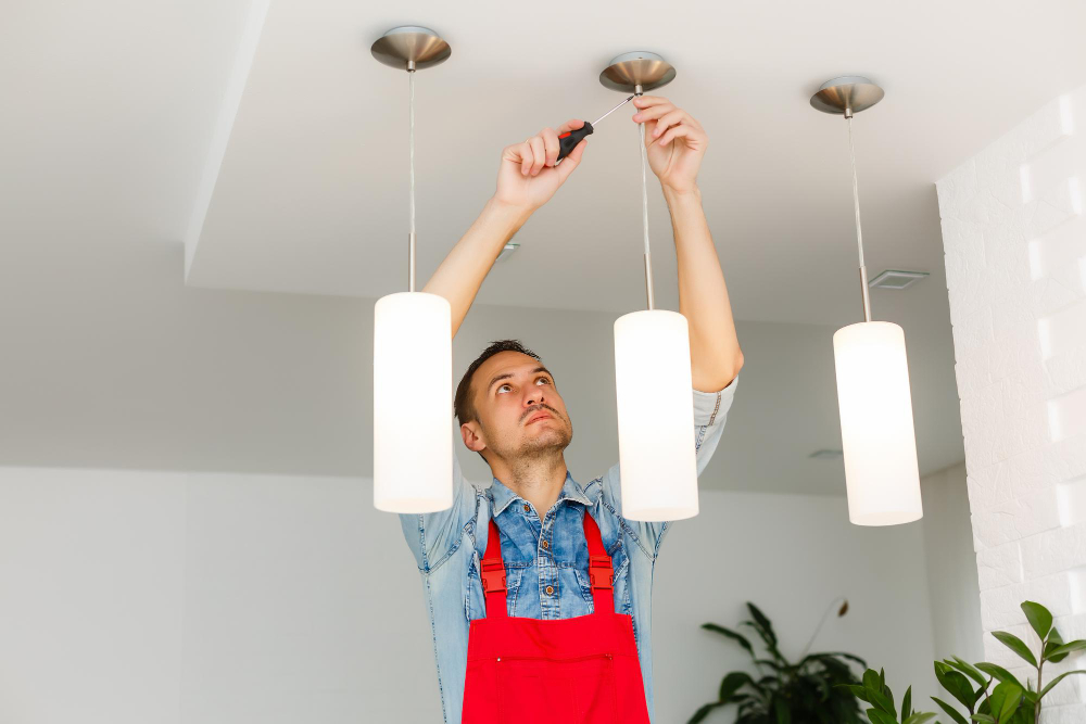 Electrician preparing tools for residential lighting repair