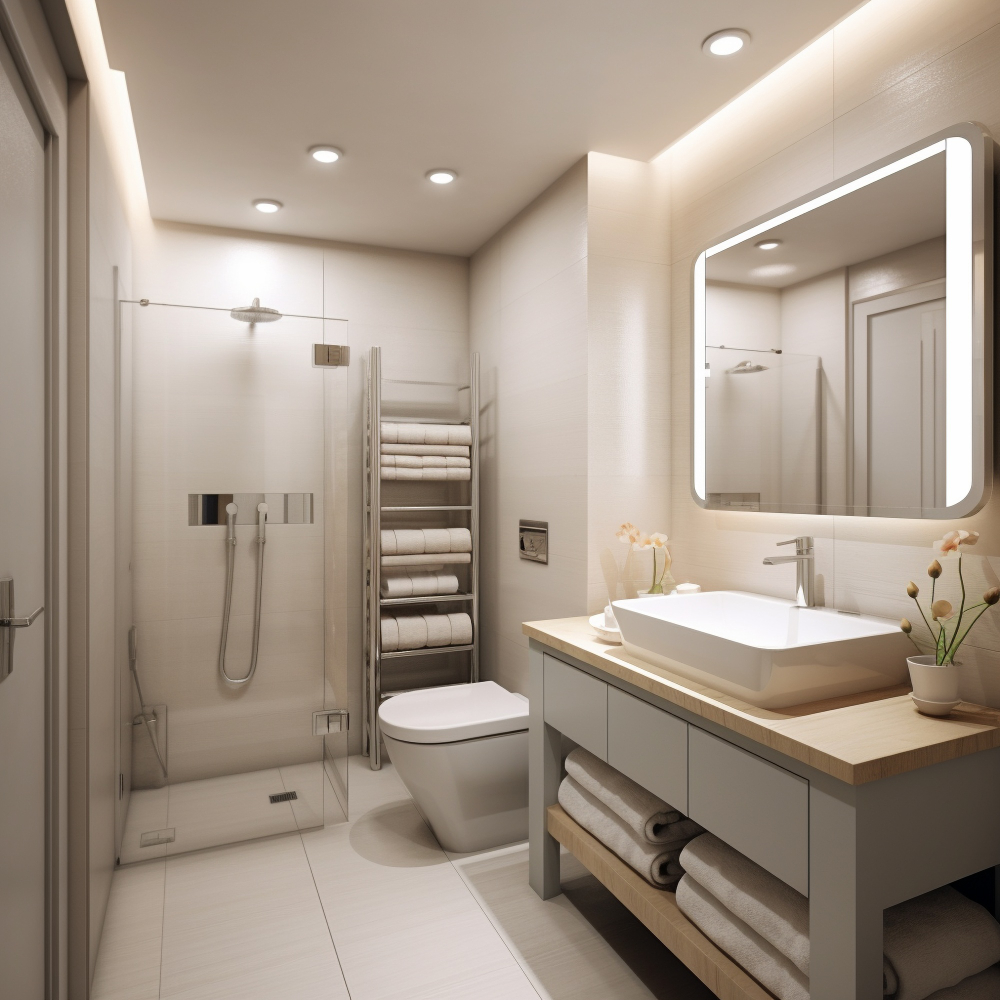 Finished modern bathroom with new fixtures and lighting