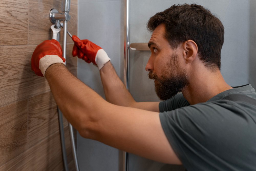 Technician installing tile in a bathroom