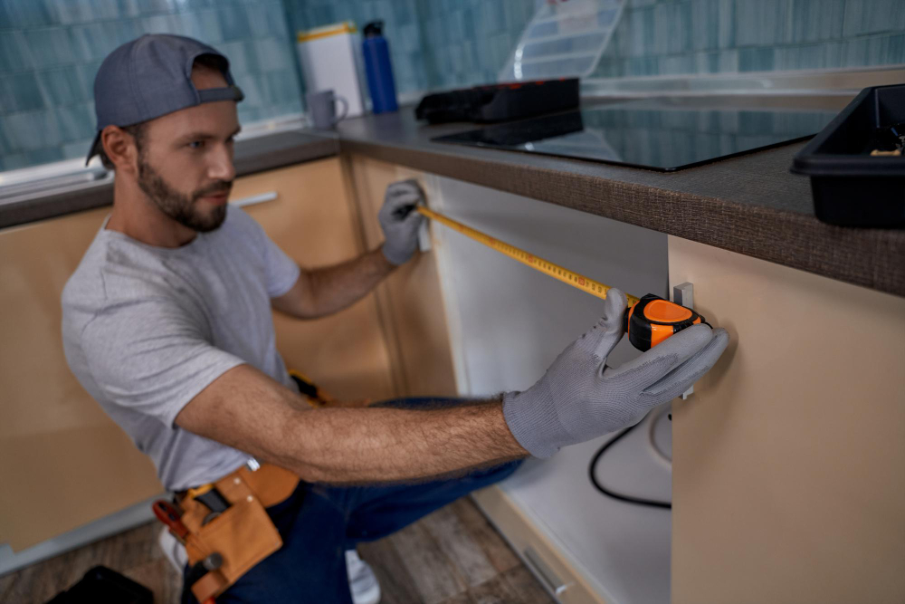 Craftsman installing kitchen cabinets during renovation