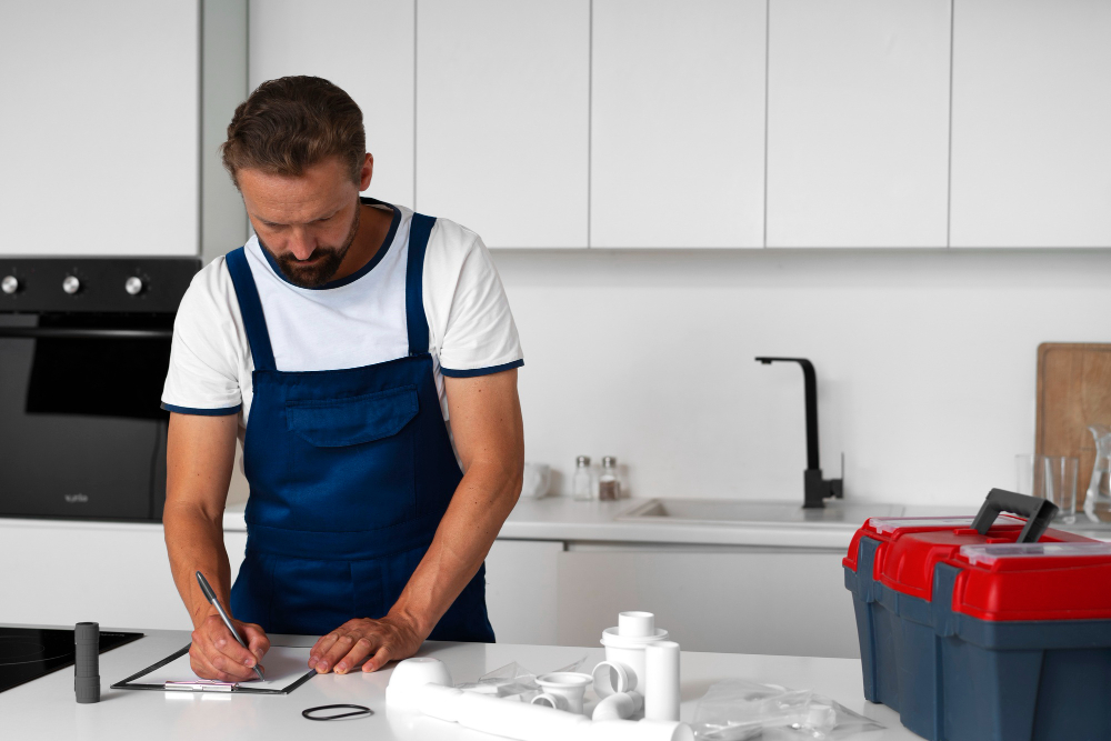 Kitchen renovation contractor prepping tools before work