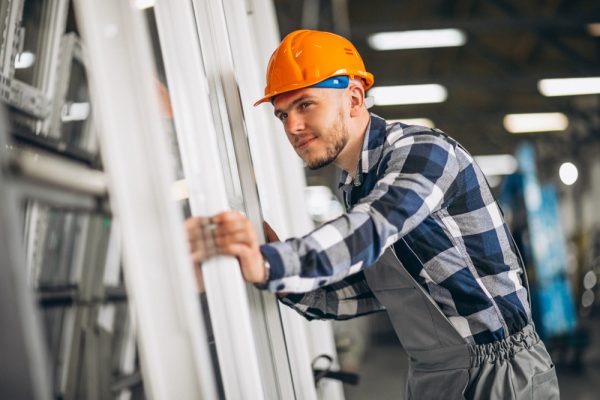Carpenter installing wooden interior door in a home