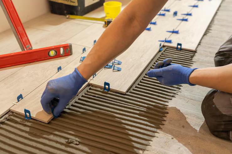 Contractor fixing uneven subfloor before flooring