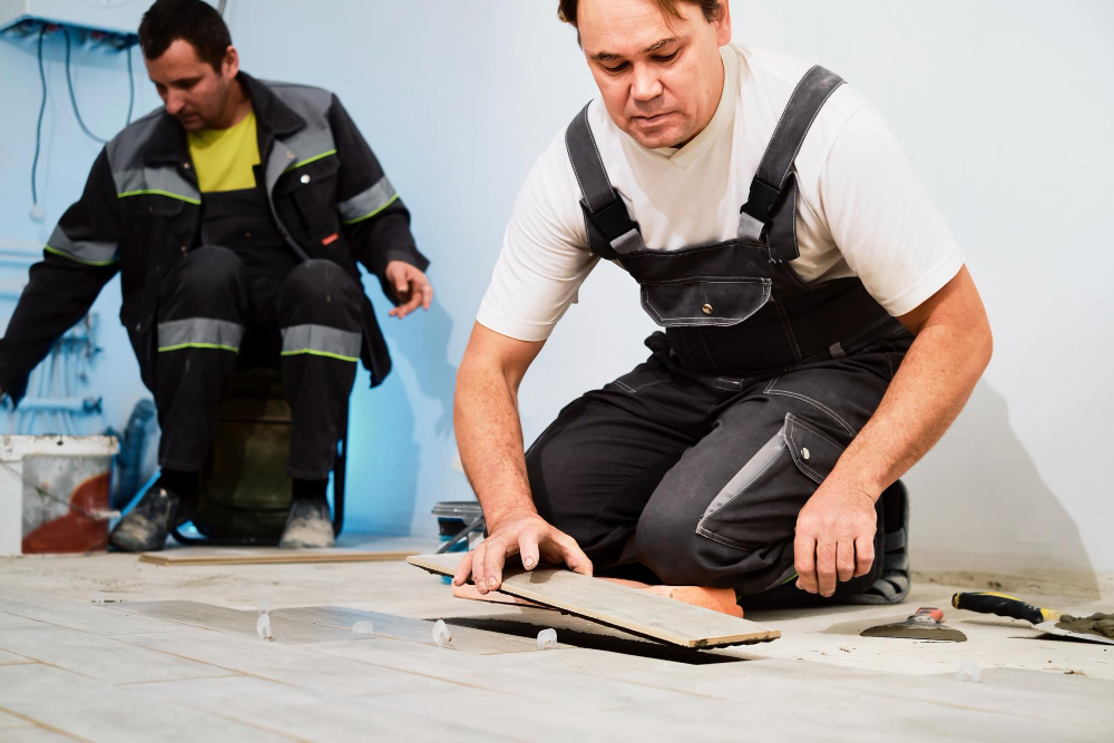 Professional flooring installer placing laminate panels