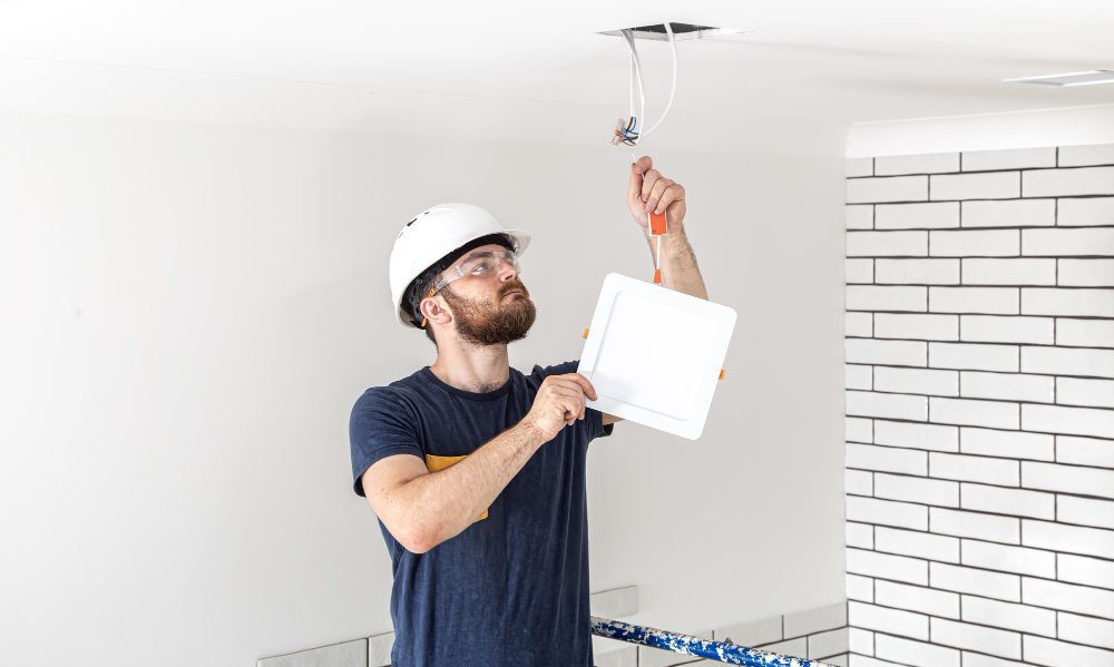Electrician installing ceiling light fixture in modern home interior