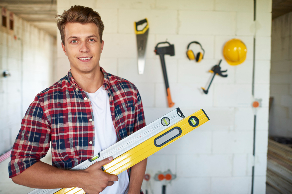 Technician measuring doorframe with level tool