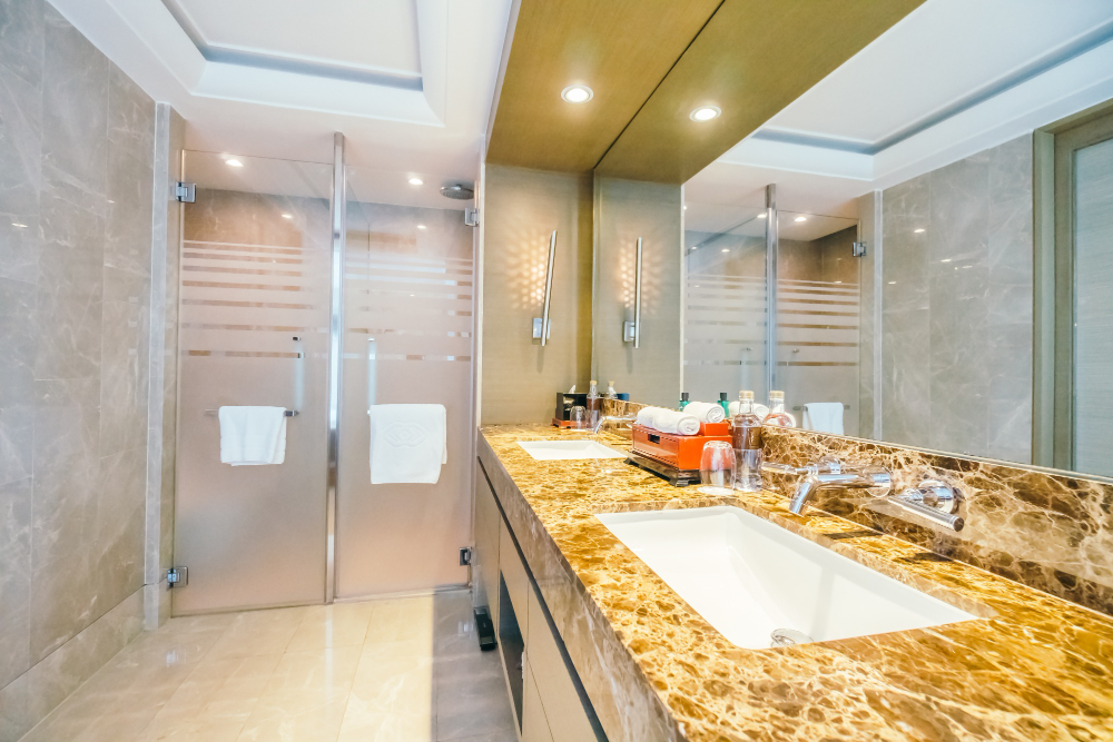 Modern bathroom renovation in progress with new fixtures